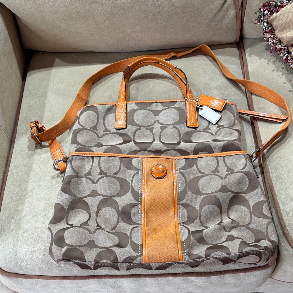 Coach Foldover Signature Tote Tan and Orange